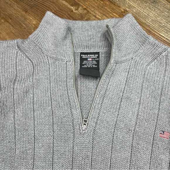 Ralph Lauren Polo Jeans Co Men’s Gray Knit Sweater Flag Logo 1/4 Zip Sz XL - Picture 2 of 9